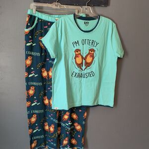 Lazy One Pajama Set NEW "Otterly Exhausted" Womens L PJs Lounge Otters Animals